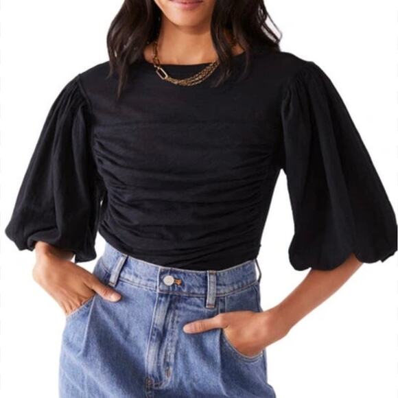 Free People Tops - Free People Sweet Spot Top XL Black Puff Statement Sleeve Cropped Ruched Boho